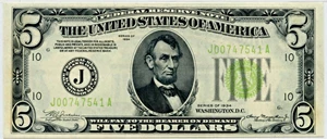 image for: FR. 1955J 1934 Light Green Seal $5 Federal Reserve Note Kansas City PMG About Unc 53EPQ