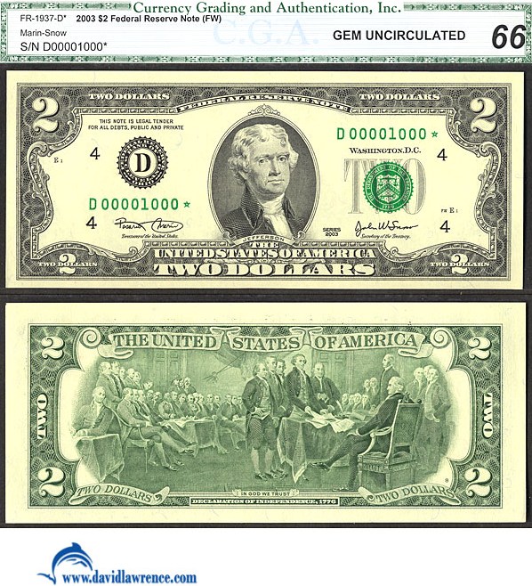 image for: Fr.1937D* 2003 $2  CGA Gem CU66  [D00001000*] *Star*  *Fancy Serial* 