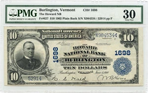 image for: FR. 627 1902 3rd Charter Period 3rd Issue Plain Back $10 Burlington, VT PMG Very Fine 30 (Tears)