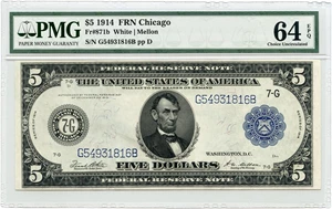 image for: FR. 871 1914 Blue Seal $5 Federal Reserve Note Chicago PMG Choice Unc 64 EPQ