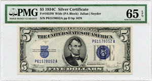 image for: FR. 1653 Wide 1934C $5 Silver Certificate PMG Gem Unc 65 EPQ