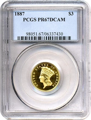 image for: 1887 $3 PCGS Proof 67 DCameo * Finest Known *