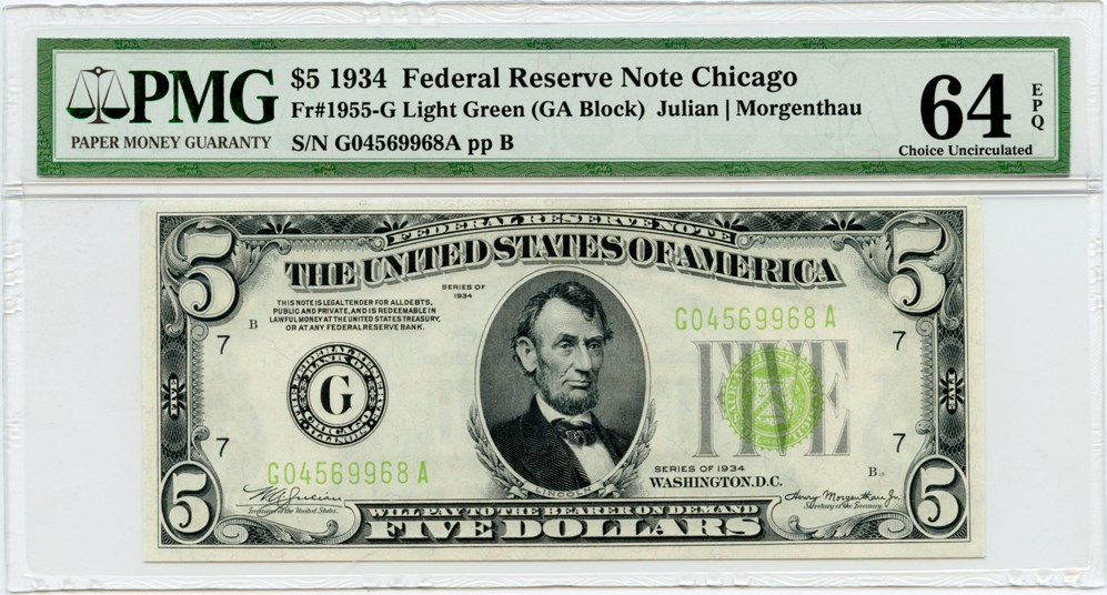 image for: FR. 1955G 1934 Light Green Seal $5 Federal Reserve Note Chicago PMG Choice Unc 64EPQ