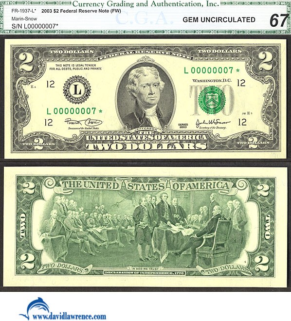 image for: Fr.1937L* 2003 $2  CGA Gem CU67  [L00000007*] *Star*  *Fancy Serial* 