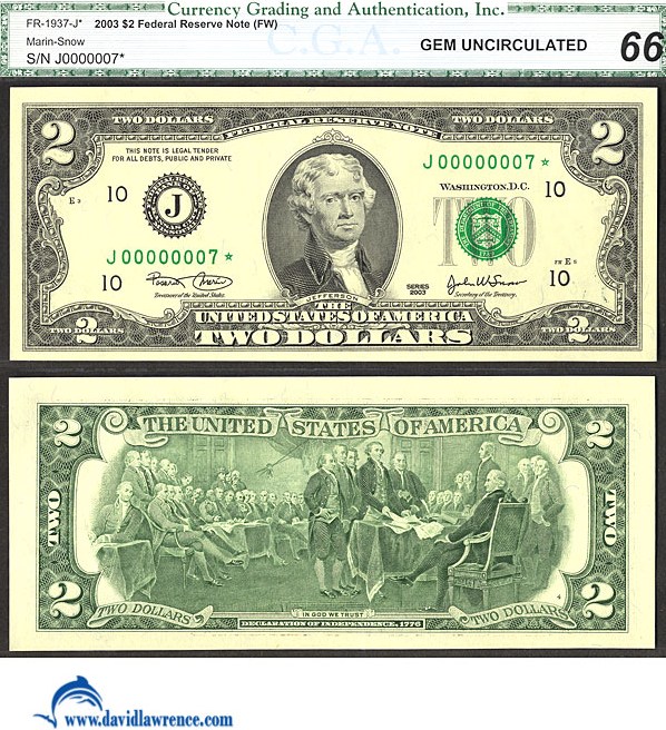 image for: Fr.1937J* 2003 $2  CGA Gem CU66  [J00000007*] *Star*  *Fancy Serial* 