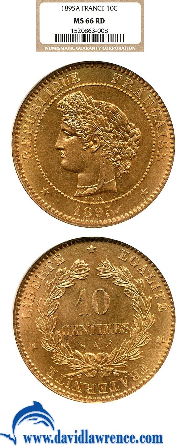 image for: France: 1895-A 10 Centime  NGC MS66 RD