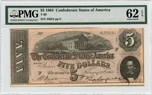 image for: FR. T69 1864 $5 Confederate States of America PMG Unc 62 EPQ