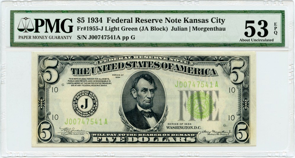 image for: FR. 1955J 1934 Light Green Seal $5 Federal Reserve Note Kansas City PMG About Unc 53EPQ