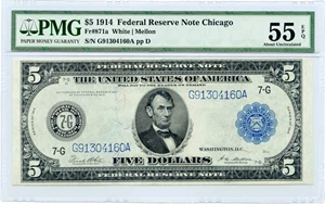 image for: FR. 871a 1914 Blue Seal $5 Federal Note Chicago PMG About Unc 55EPQ