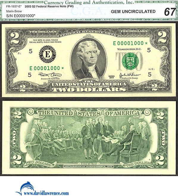 image for: Fr.1937E* 2003 $2  CGA Gem CU67  [E00001000*] *Star*  *Fancy Serial* 