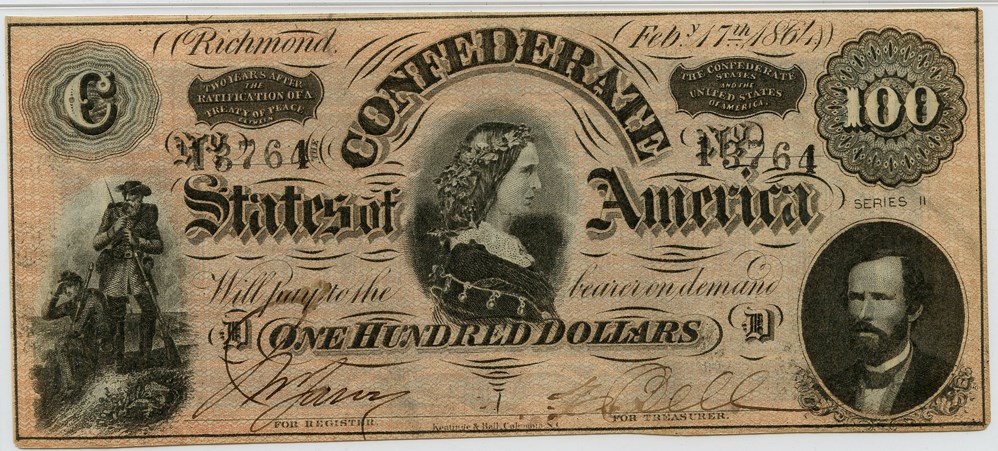 image for: FR. T65 1864 $100 Confederate States of America PMG About Unc 58