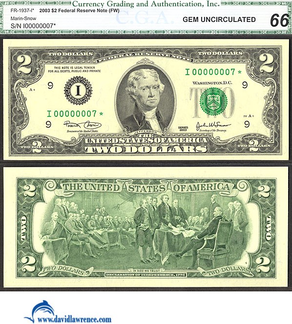 image for: Fr.1937I* 2003 $2  CGA Gem CU66  [I00000007*] *Star*  *Fancy Serial* 