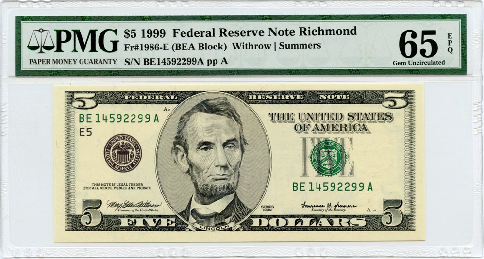 image for: FR. 1986E 1999 Federal Reserve Note Richmond $5 PMG Gem Unc 65EPQ