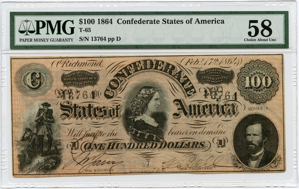 image for: FR. T65 1864 $100 Confederate States of America PMG About Unc 58
