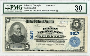 image for: FR. 600 1902 3rd Charter Period 3rd Issue Plain Back $5 Atlanta, GA PMG Very Fine 30