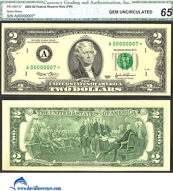 image for: Fr.1937A* 2003 $2  CGA Gem CU65  [A00000007*] *Star*  *Fancy Serial* 