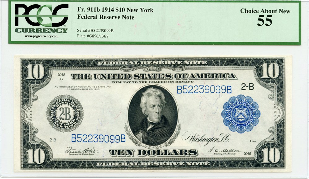 image for: FR. 911b 1914 Blue Seal $10 New York Federal Reserve Note PCGS About New 55