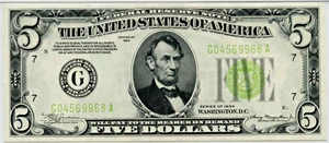 image for: FR. 1955G 1934 Light Green Seal $5 Federal Reserve Note Chicago PMG Choice Unc 64EPQ
