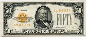 image for: FR. 2404 (AA Block) 1928 $50 Gold Certificate PMG About Unc 55