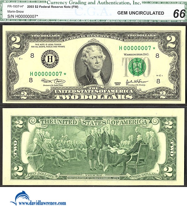 image for: Fr.1937H* 2003 $2  CGA Gem CU66  [H00000007*] *Star*  *Fancy Serial* 