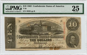 image for: FR. T59 1863 April 6 1863 $10 Confederate States of America PMG Very Fine 25 (Stains)