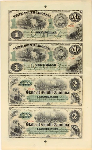 image for: FR. SCCR3-4 1872 $1-$1-$2-$2 Uncut Sheet Columbia, SC Revenue Bond Scrip PMG Gem Unc 65 EPQ