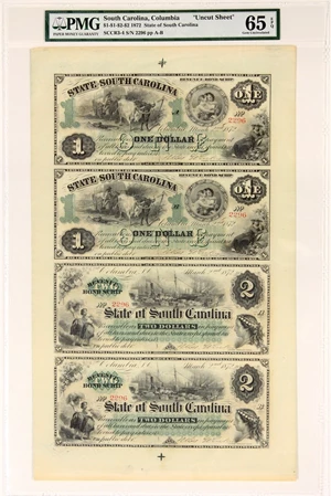 image for: FR. SCCR3-4 1872 $1-$1-$2-$2 Uncut Sheet Columbia, SC Revenue Bond Scrip PMG Gem Unc 65 EPQ