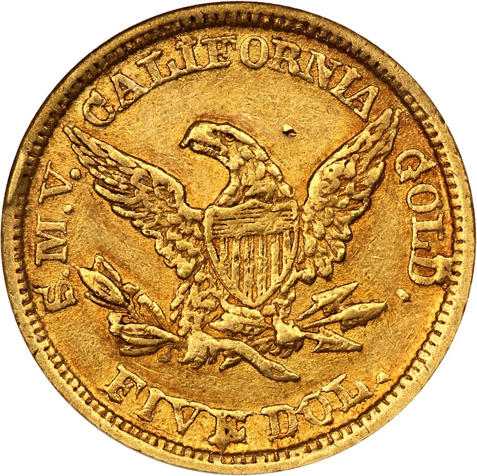 image for: 1849 Moffat $5 NGC AU50