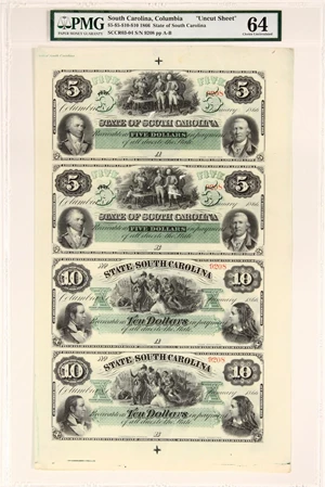 image for: FR. SCCR03-04 1866 $5-$5-$10-$10 Uncut Sheet Columbia, SC PMG Choice Unc 64 EPQ (Cut Cancelled, Notes Unaffected by Issues in Selvage)