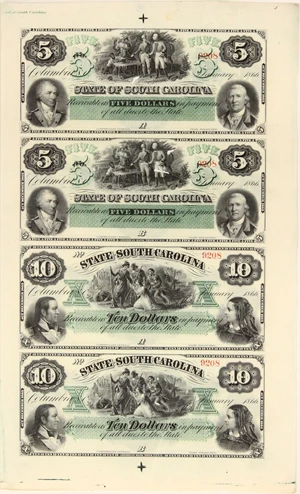 image for: FR. SCCR03-04 1866 $5-$5-$10-$10 Uncut Sheet Columbia, SC PMG Choice Unc 64 EPQ (Cut Cancelled, Notes Unaffected by Issues in Selvage)