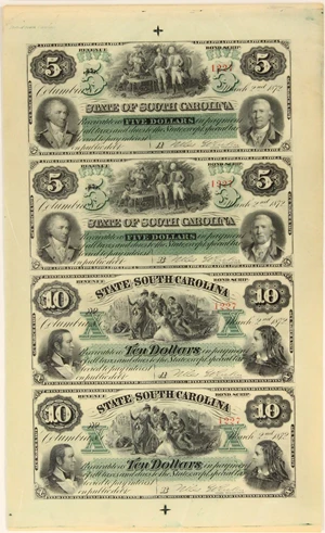 image for: FR. SCCR5-6 1872 $5-$5-$10-$10 Uncut Sheet Columbia, SC Revenue Bond Scrip PMG About Unc 55 EPQ