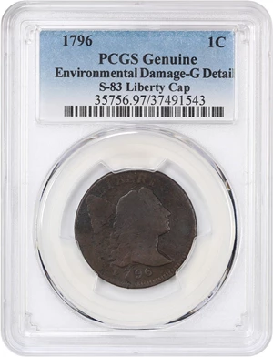image for: 1796 1c PCGS Good Details ( Liberty Cap, Environmental Damage, S-83)