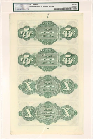 image for: FR. SCCR03-04 1866 $5-$5-$10-$10 Uncut Sheet Columbia, SC PMG Choice Unc 64 EPQ (Cut Cancelled, Notes Unaffected by Issues in Selvage)