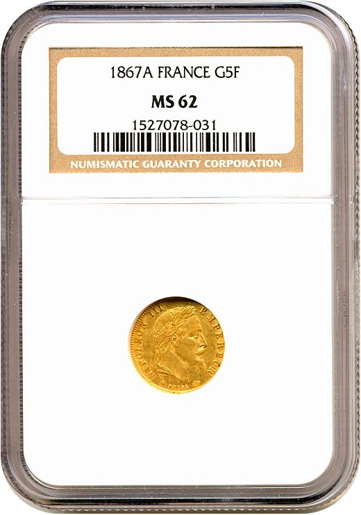 image for: France: 1867-A 5 Fr  NGC MS62 
