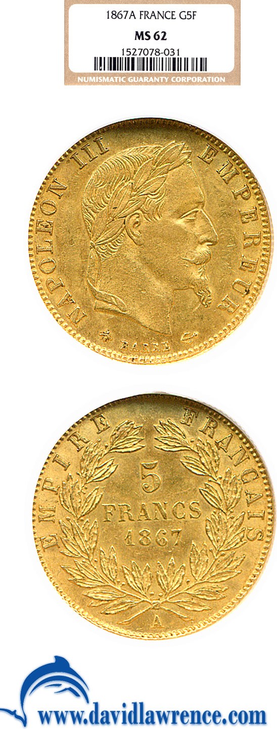 image for: France: 1867-A 5 Fr  NGC MS62 
