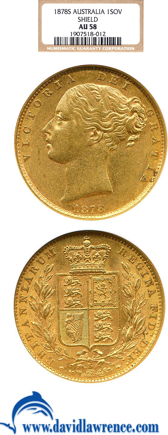 image for: Australia: 1878-S Sov Shield NGC AU58 