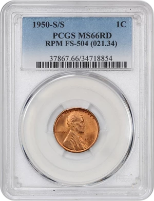 image for: 1950-S 1c PCGS MS66 RD (RPM, FS-504, 021.34)