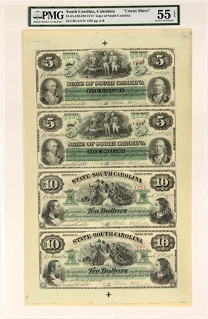 image for: FR. SCCR5-6 1872 $5-$5-$10-$10 Uncut Sheet Columbia, SC Revenue Bond Scrip PMG About Unc 55 EPQ