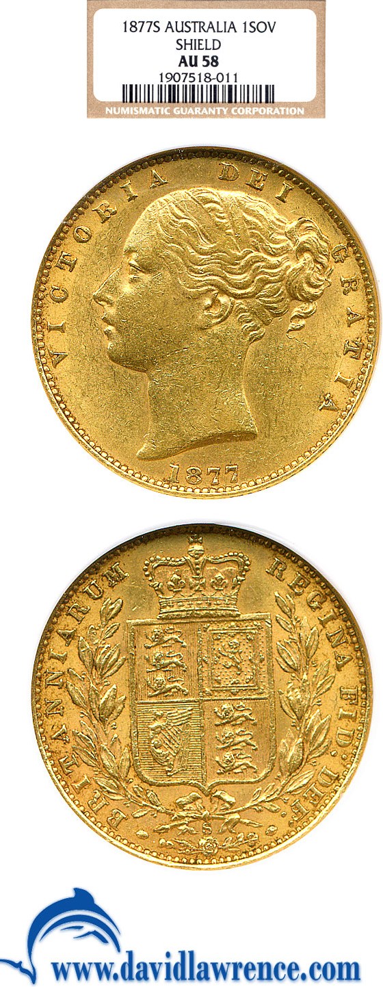 image for: Australia: 1877-S Sov Sheild NGC AU58 