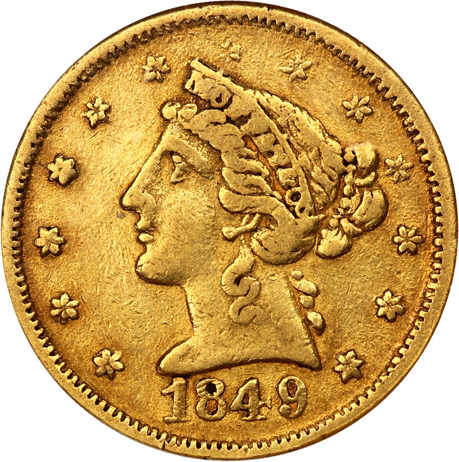 image for: 1849 Moffat $5 NGC AU50