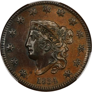 image for: 1834 1c PCGS AU58 (Small 8, Large Stars, Medium Letters)