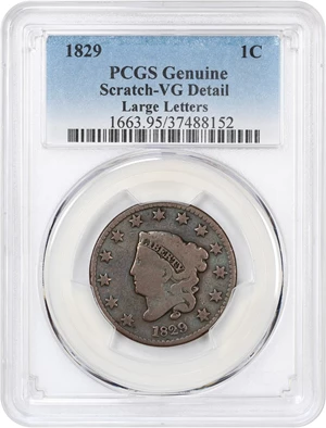 image for: 1829 1c PCGS VG Details (Large Letters, Scratch)