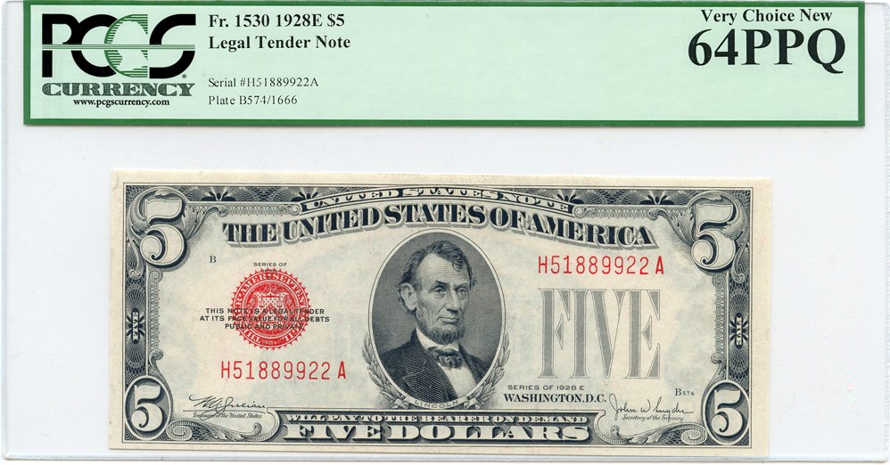 image for: FR. 1530 1928E $5 Legal Tender Note PCGS Very Choice New 64 PPQ
