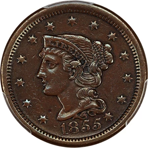 image for: 1855 1c PCGS XF Details (Knob Ear, Cleaned)