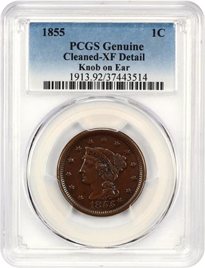 image for: 1855 1c PCGS XF Details (Knob Ear, Cleaned)
