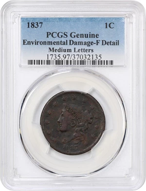 image for: 1837 1c PCGS Fine Details (Medium Letters, Environmental Damage)