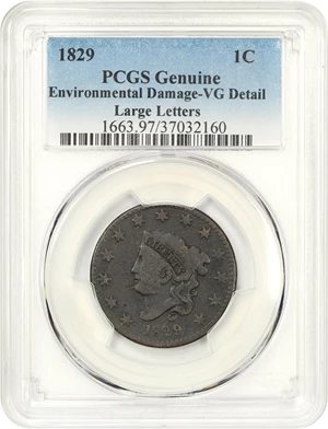 image for: 1829 1c PCGS VG Details (Large Letters, Environmental Damage)