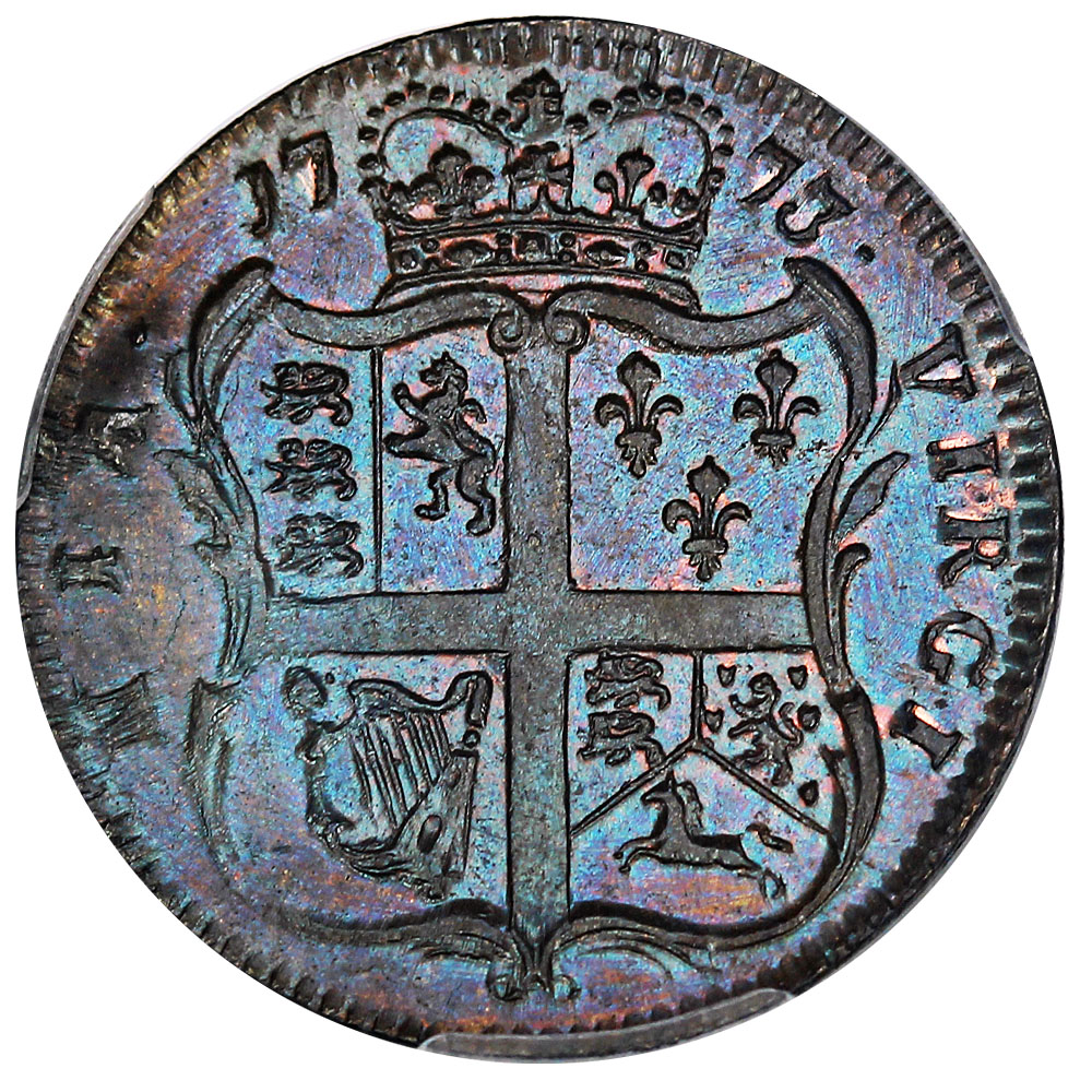 image for: 1773 Virginia Halfpenny PCGS MS64 BN (No Period)