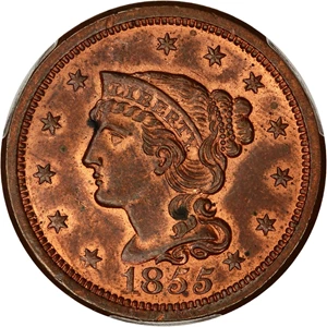 image for: 1855 1c PCGS/CAC MS63 RB (Slanted 55)