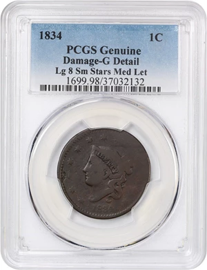 image for: 1834 1c PCGS Good Details (Large 8, Small Stars, Medium Letters, Damage)